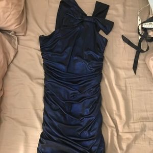 Metallic Navy Ruched, One shoulder, BodyCon Dress